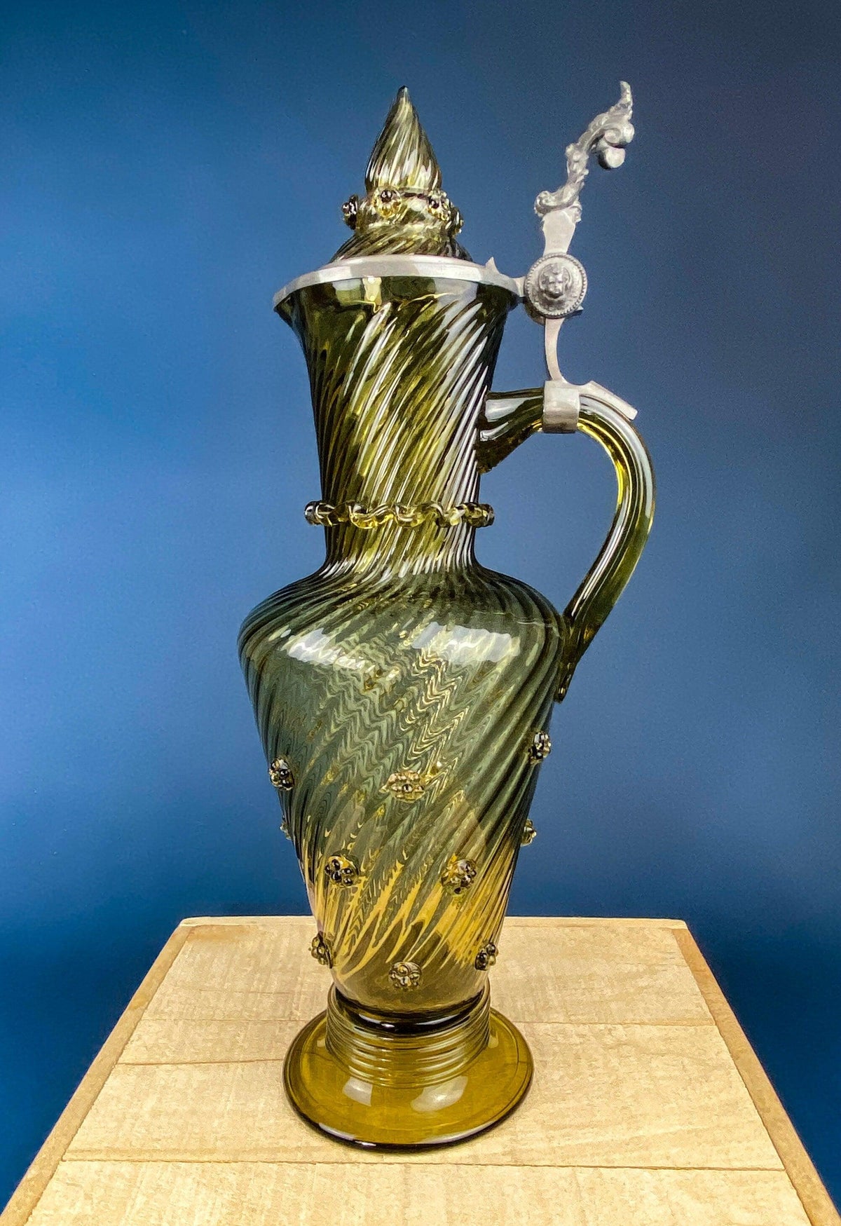 Iridescent Peach Bark Pattern Glass Pitcher Vase. Hand Blown 10