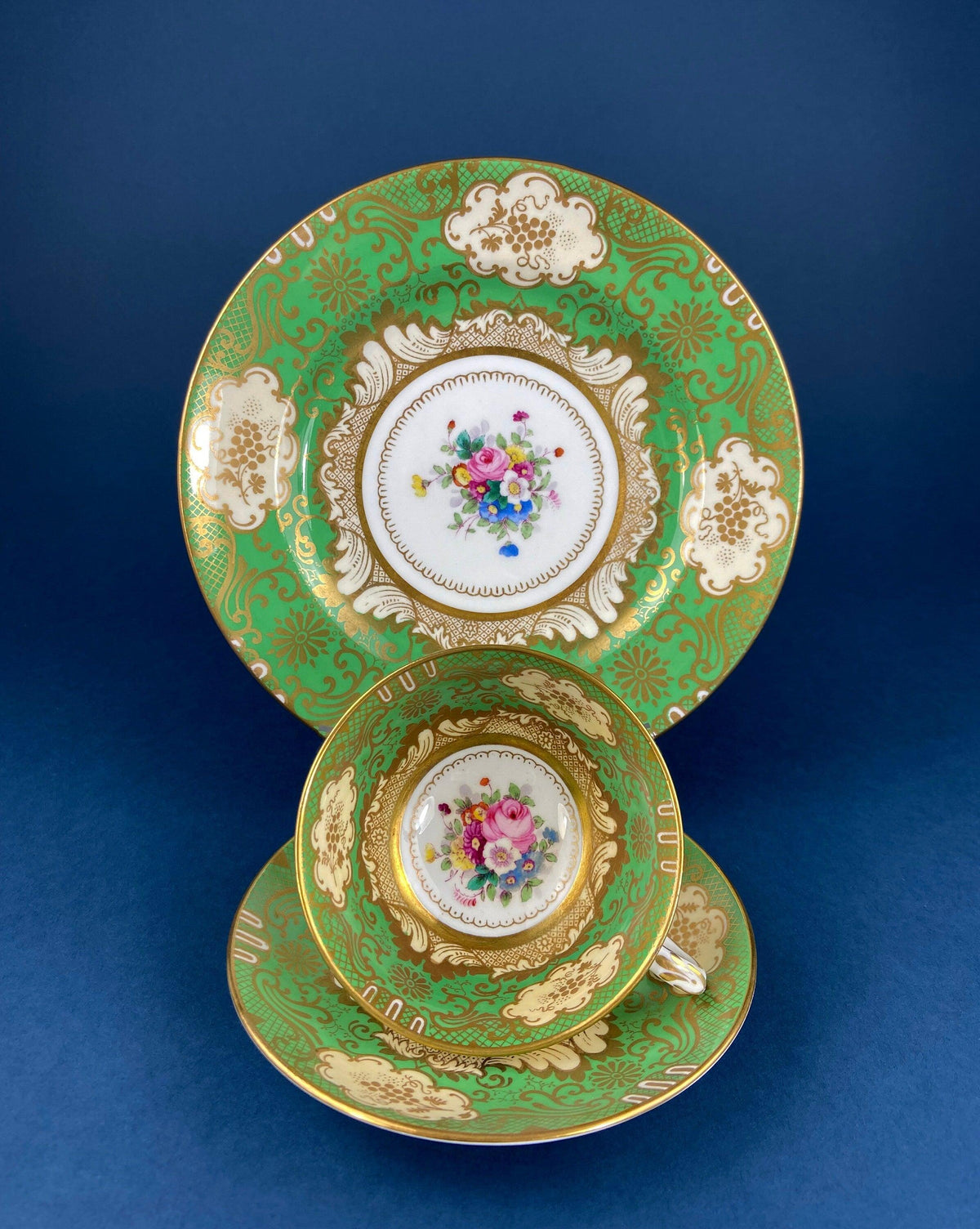 Vintage Staffordshire Tea Trio: Green, Gold, and Pink Porcelain Set