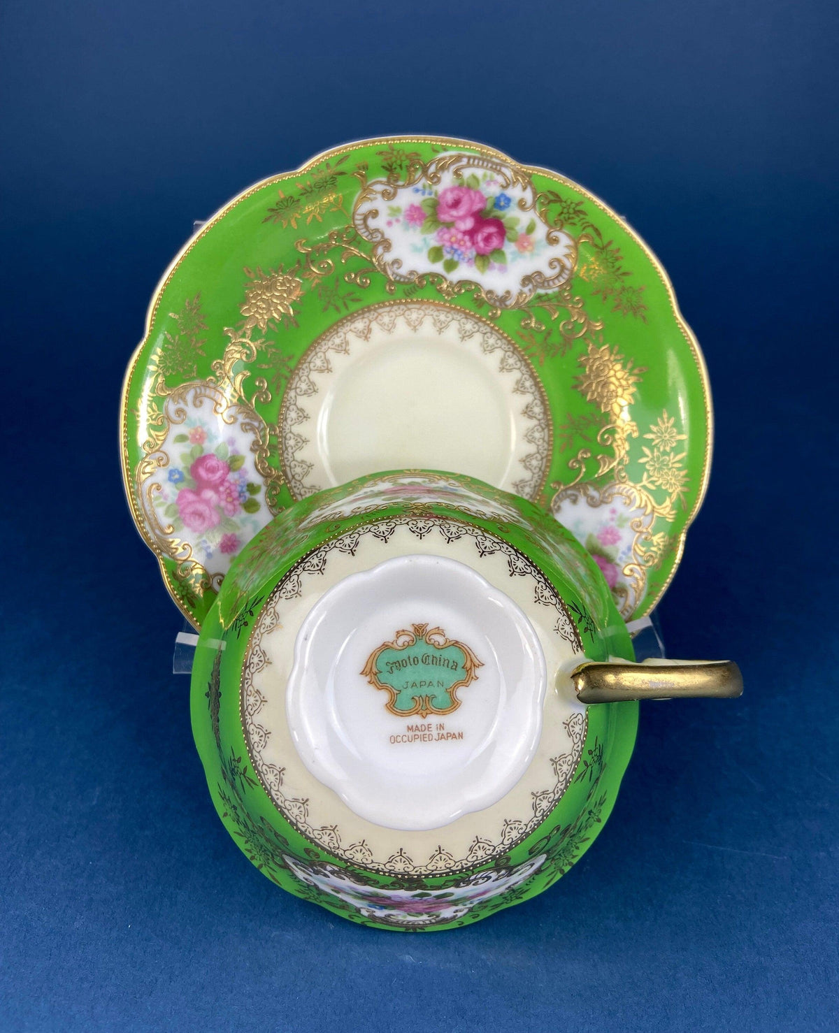 Antique Emerald Green Cup and Saucer, Occupied Japan, Floral Pattern