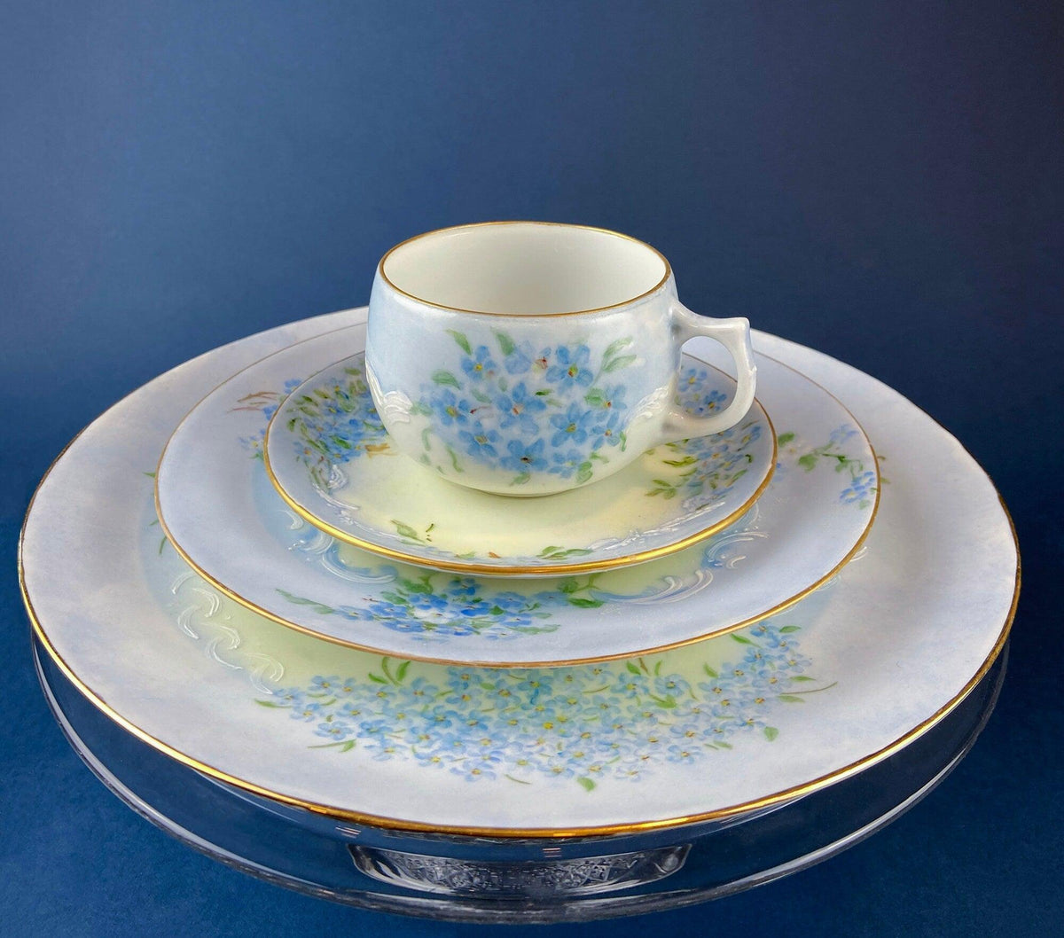 Antique Forget Me Not Porcelain Breakfast Set, Hand-Painted Floral Dishes