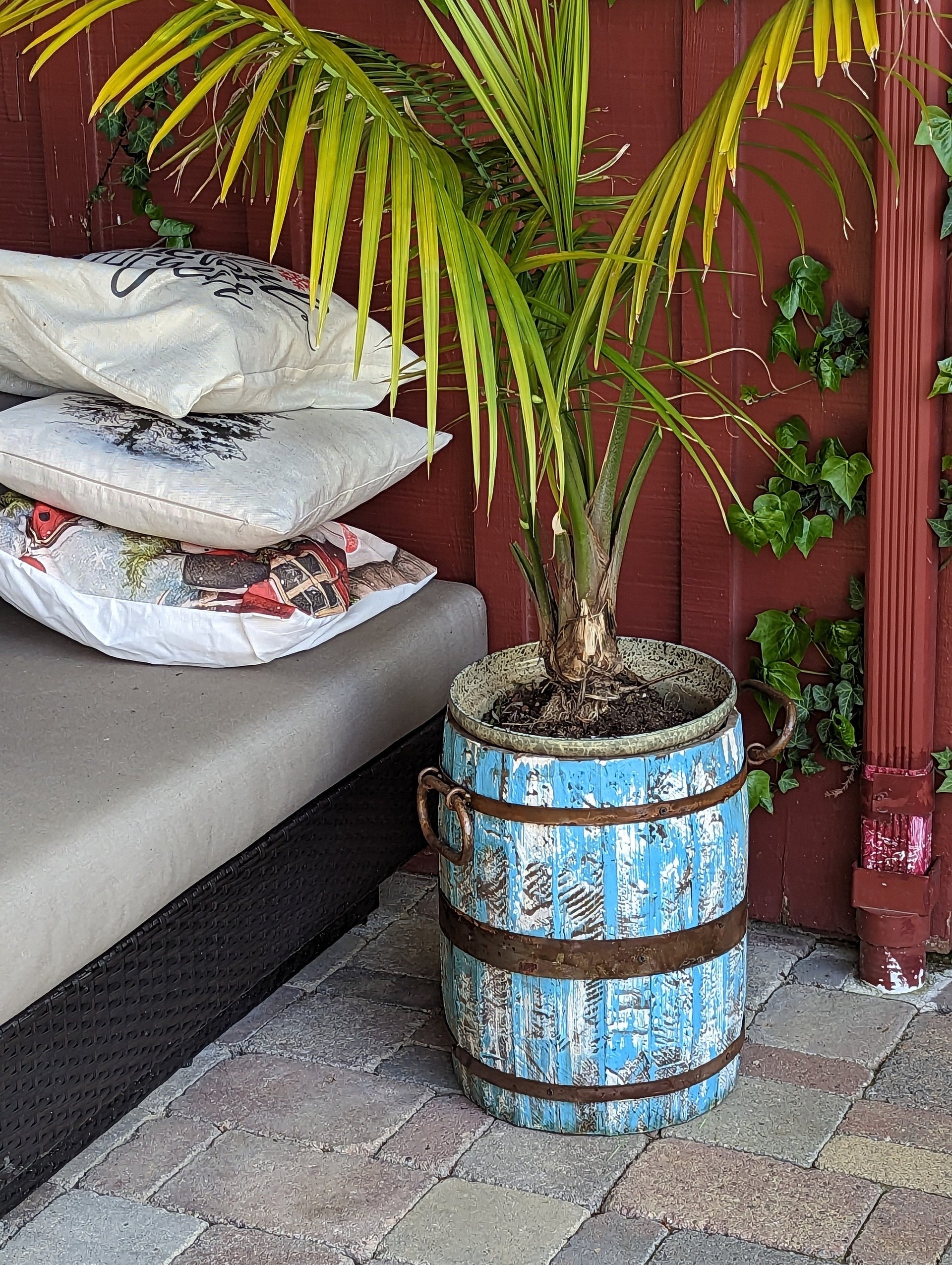 Rustic Barrel Planter, Handmade in Mexico, Wooden Outdoor Garden Decor, Porch Decor, Yard Art, 12.75