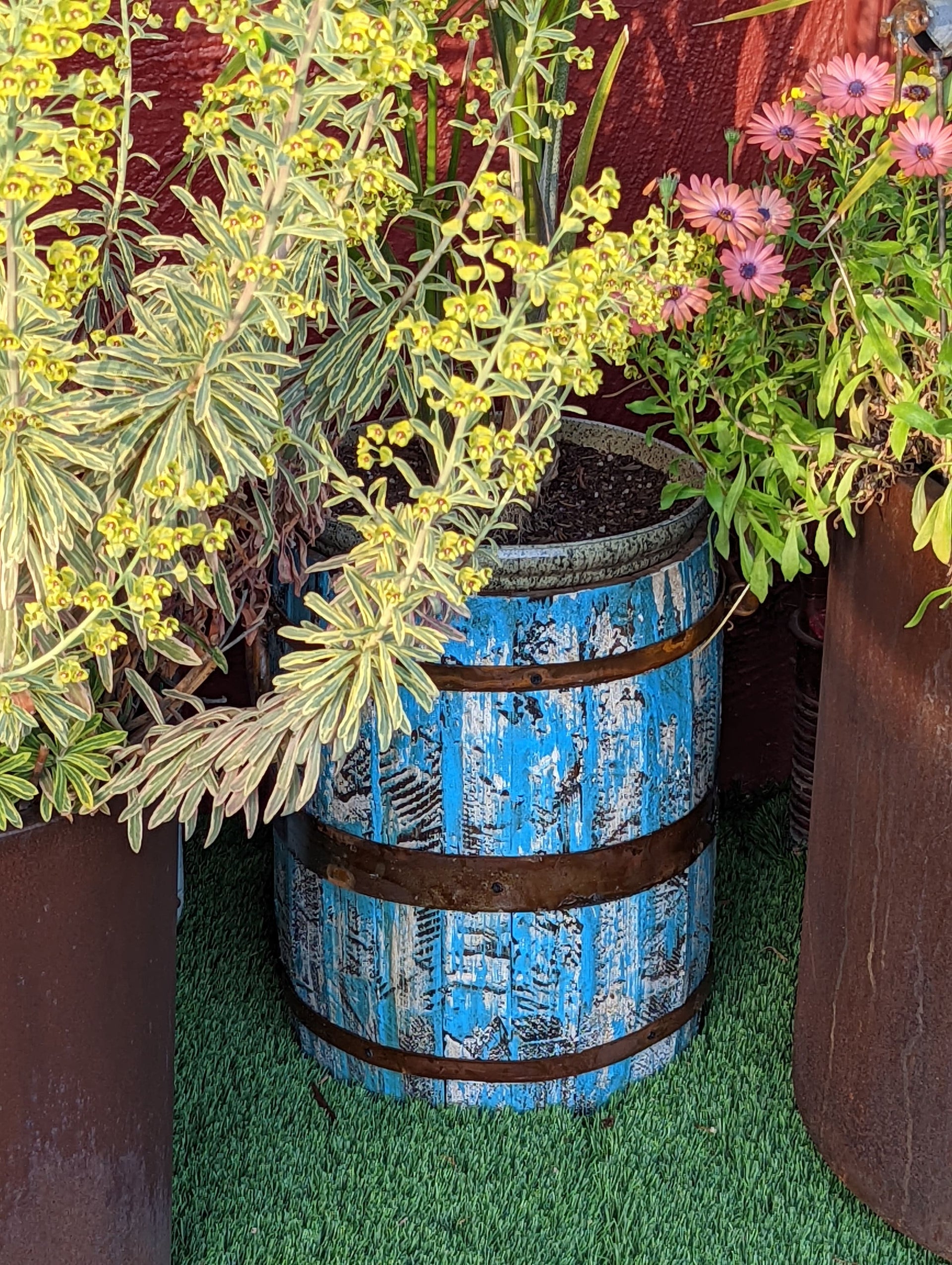 Rustic Barrel Planter, Handmade in Mexico, Wooden Outdoor Garden Decor, Porch Decor, Yard Art, 12.75