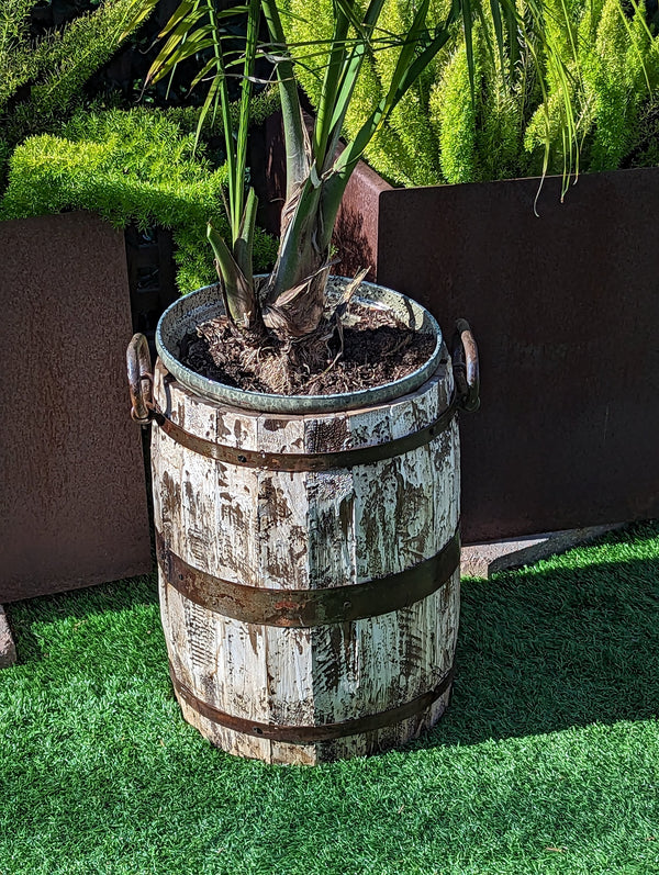 Rustic Barrel Planter, Handmade in Mexico, Wooden Outdoor Garden Decor, Porch Decor, Yard Art, 12.75