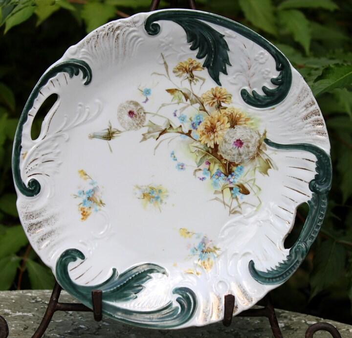 Antique Hand Painted Porcelain Platter with Dandelions and Forget-Me-Nots