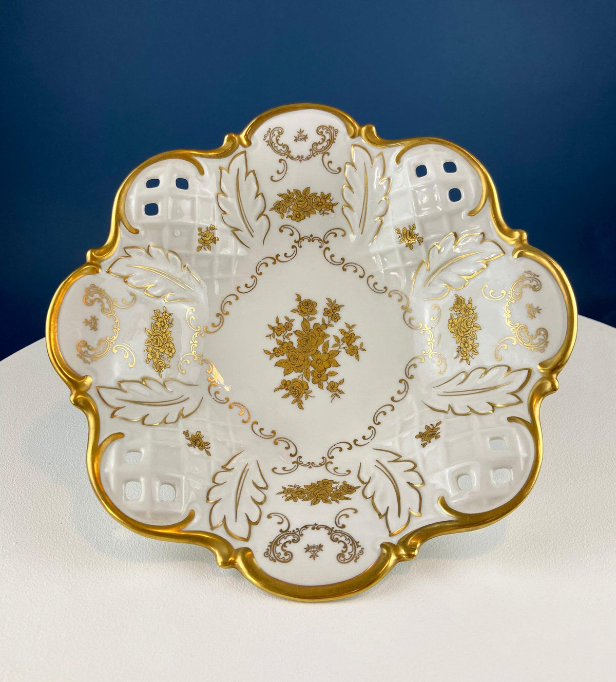 Antique Rosenthal Bowl: White & Gold Porcelain, Scalloped Rim