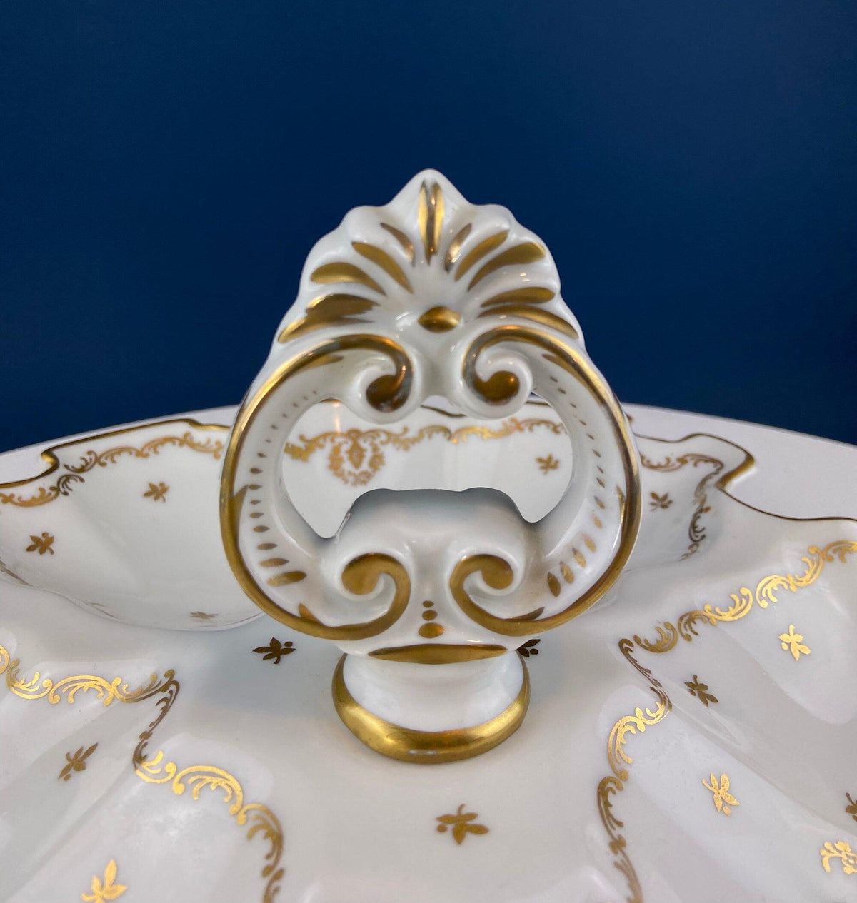 Antique Limoges Porcelain Divided Bowl: Gold Floral Motif, Scalloped Rim