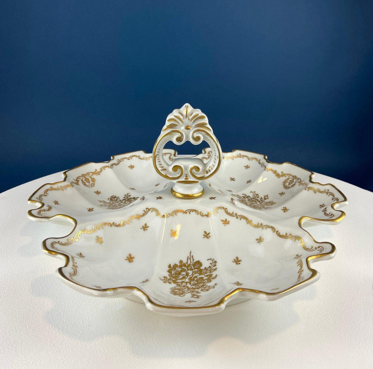 Antique Limoges Porcelain Divided Bowl: Gold Floral Motif, Scalloped Rim