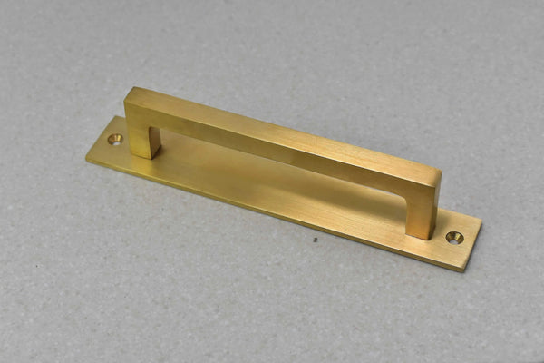 Unlacquered Brass Brushed Rectangle Drawer Pulls with Backplate