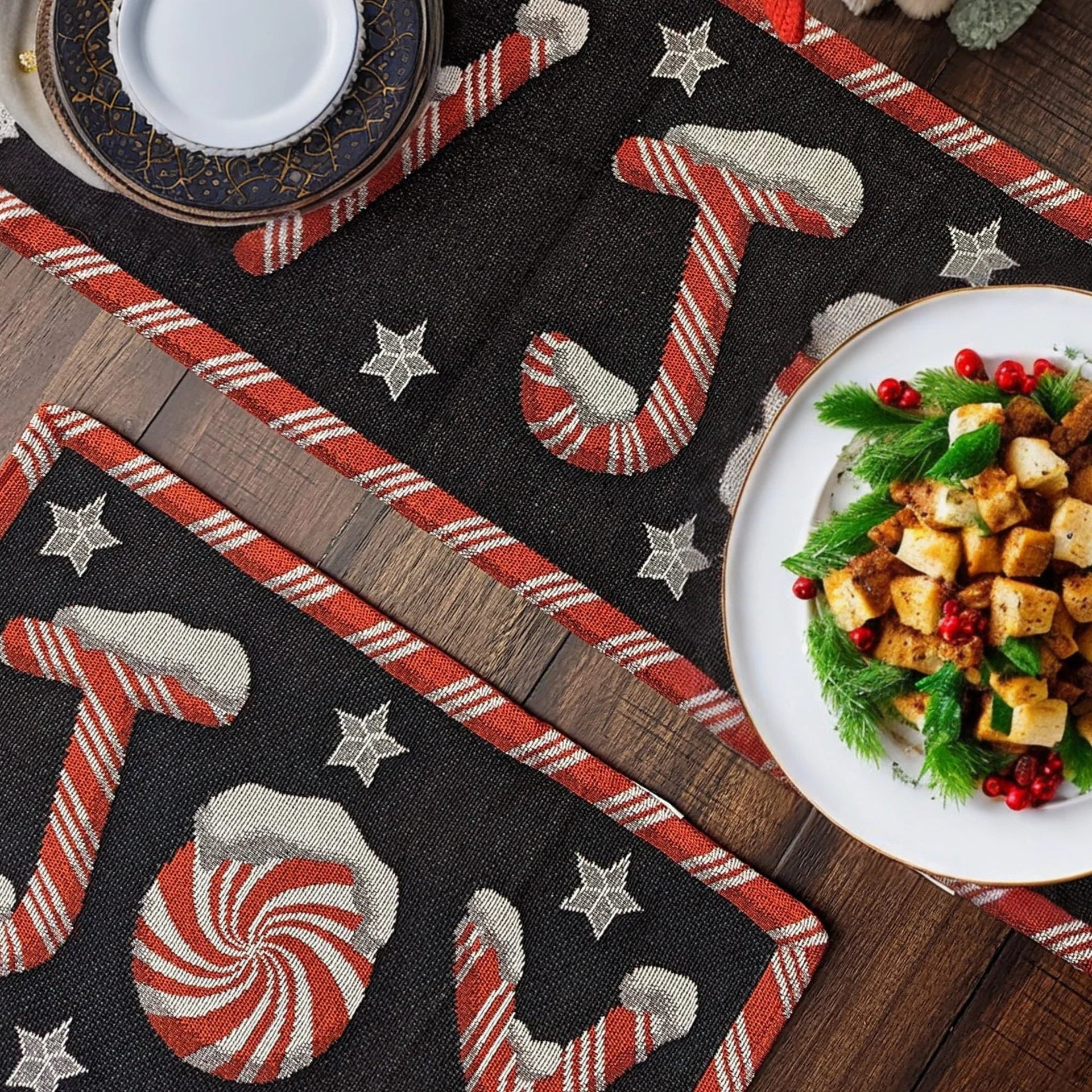 DaDa Bedding Set of 4-Pieces Peppermint Joy Holiday Tapestry Placemats 13” x 19” (12904)