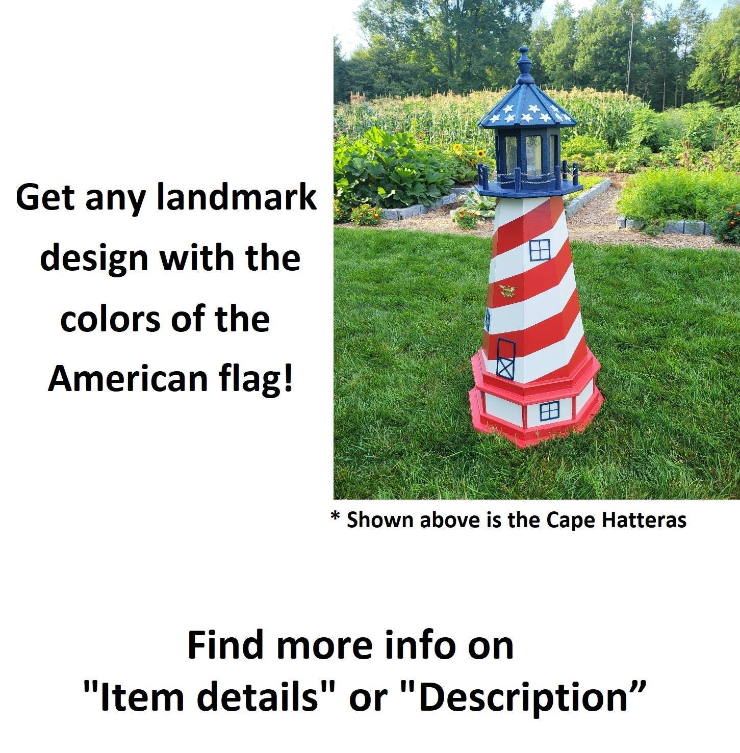 Amish  Handmade Patriotic Solar Lighthouse - Landmark Replica - Garden Decor