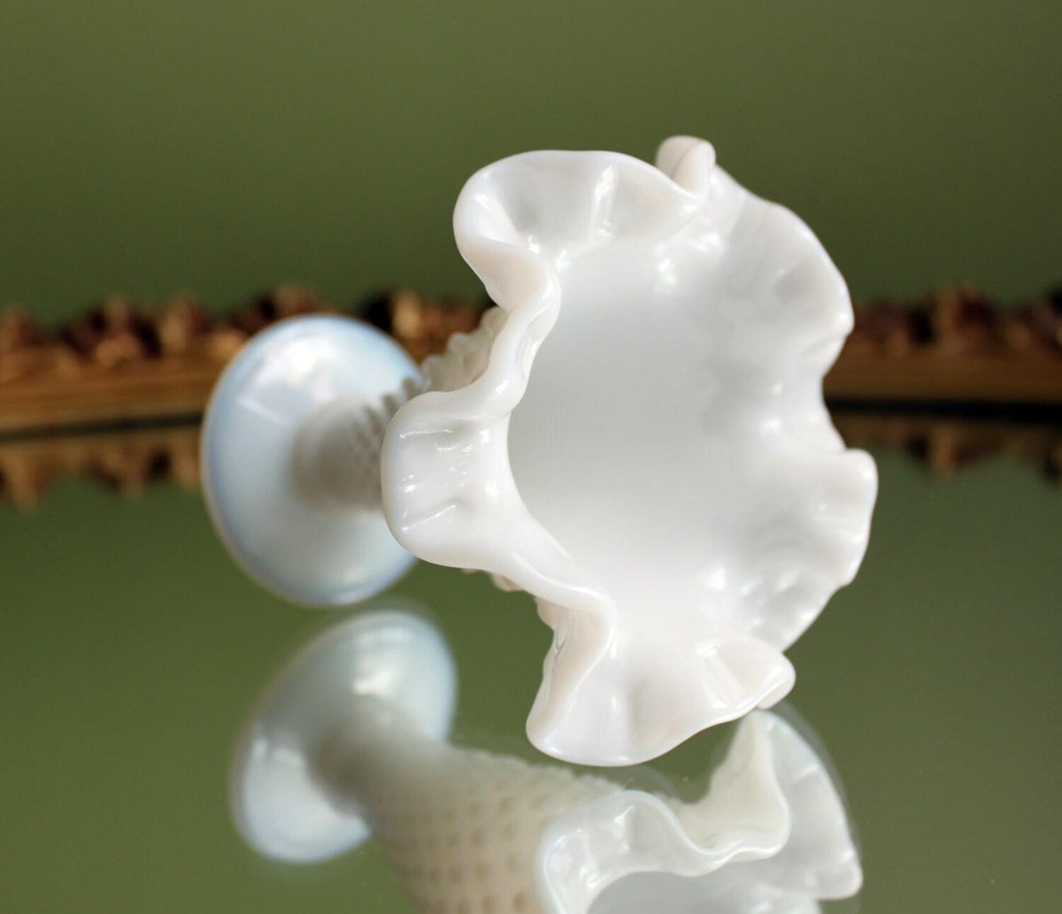 Fenton Milk Glass Vase, Hobnail, Ruffled Rim, Scalloped Edge