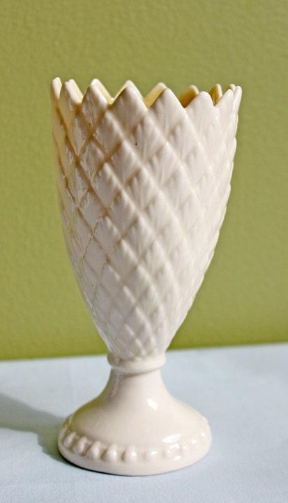 Antique Belleek Porcelain Vase, Cream Shamrock Motif, Scalloped Rim, Ireland