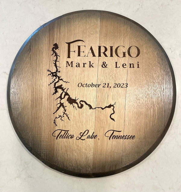 Custom made Bourbon Barrel Bistro/Pub Table Table with glass insert- Custom designed laser engraving available