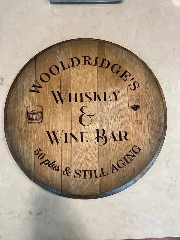 Custom made Bourbon Barrel Bistro/Pub Table Table with glass insert- Custom designed laser engraving available