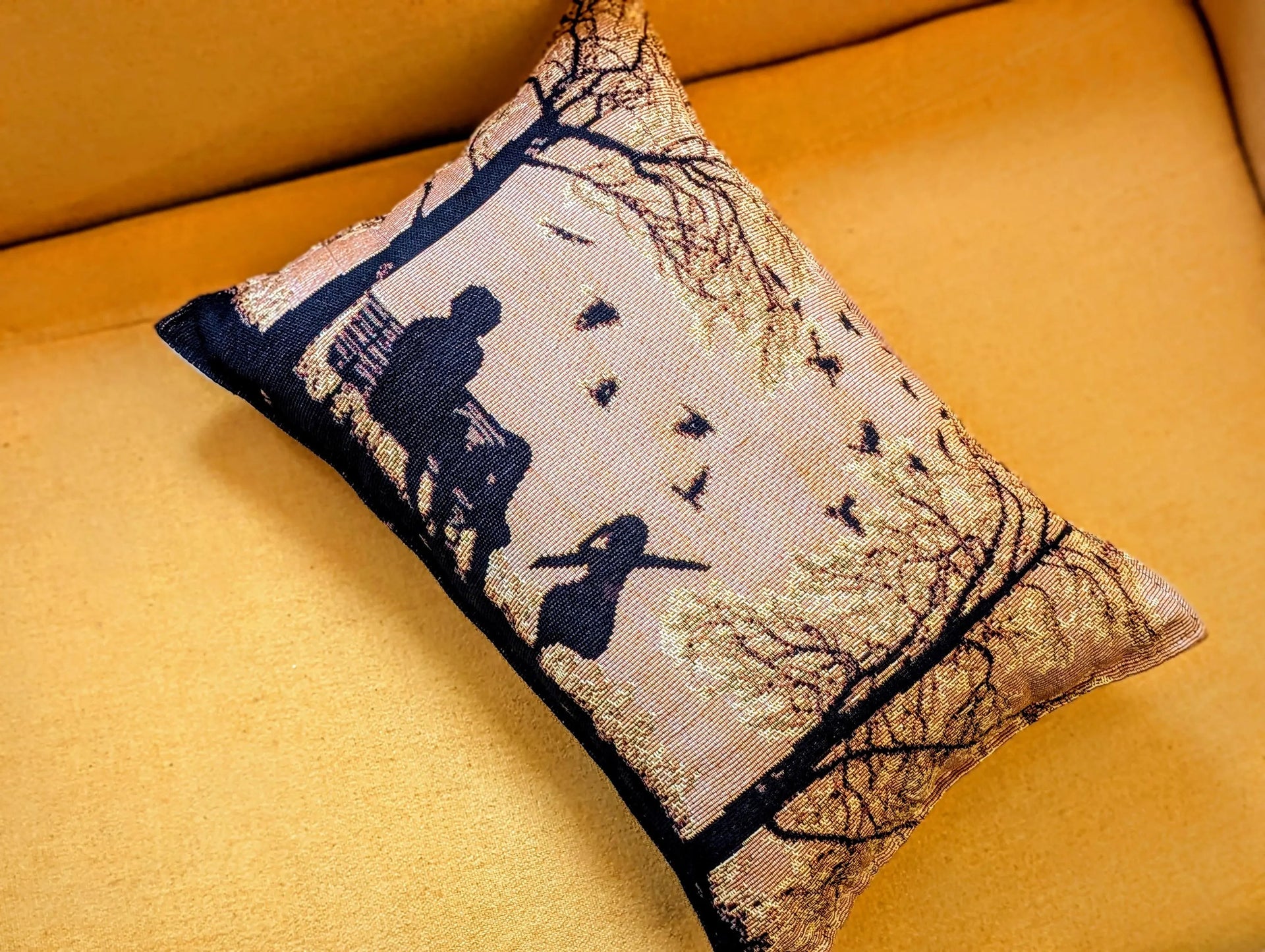Handmade Tapestry Lumbar Pillow – Rustic Autumn Silhouette, 12x19