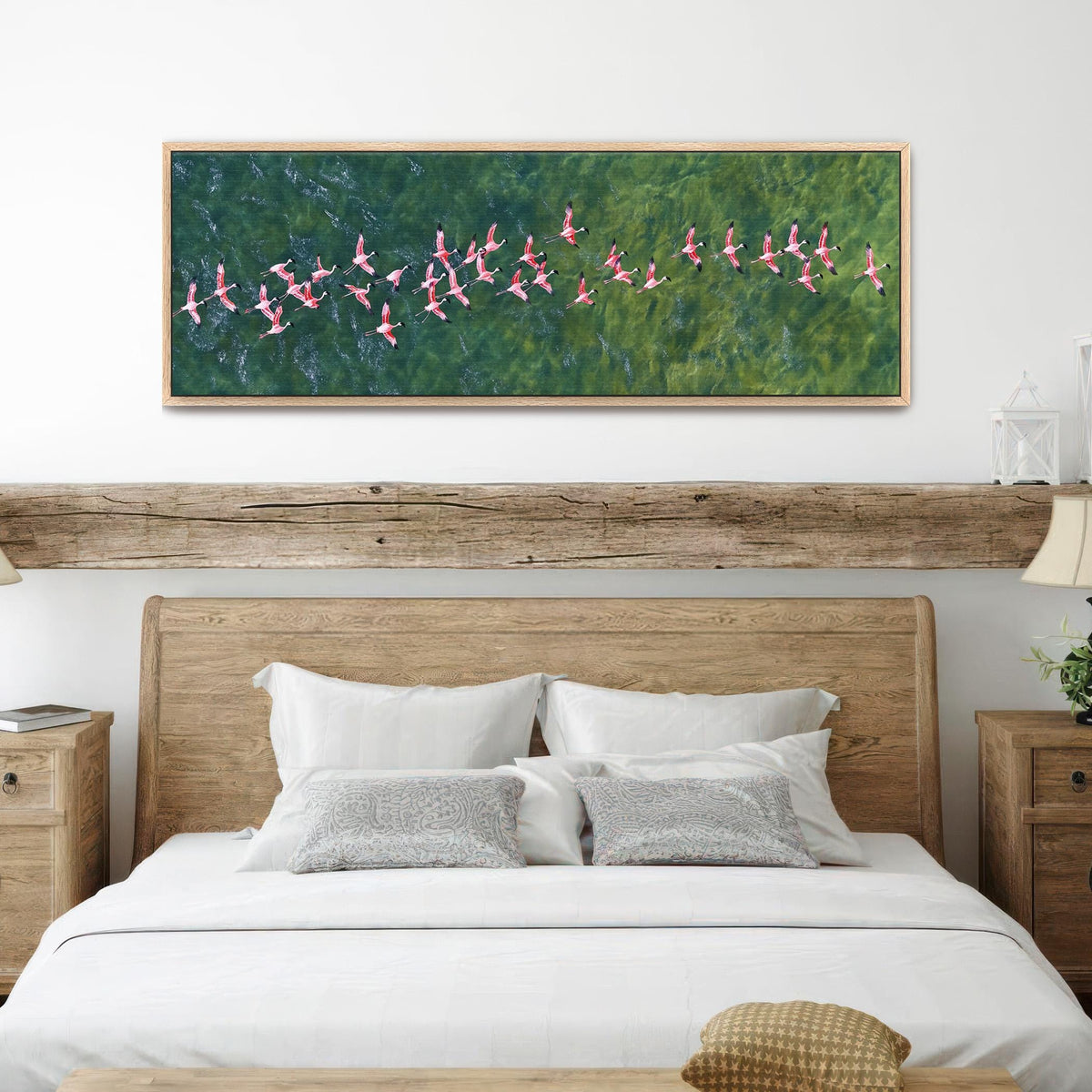 Flamingos Flying Over Emerald Ocean Art Print Canvas Art