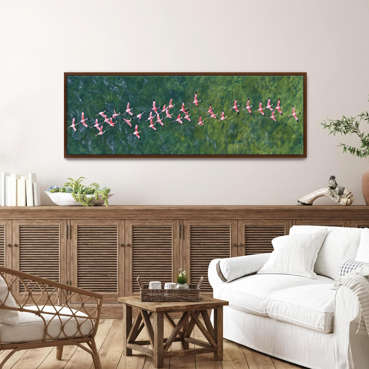 Flamingos Flying Over Emerald Ocean Art Print Canvas Art