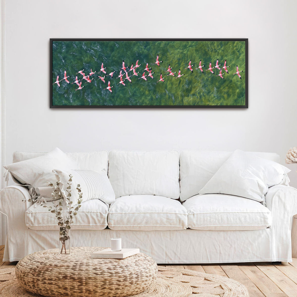 Flamingos Flying Over Emerald Ocean Art Print Canvas Art