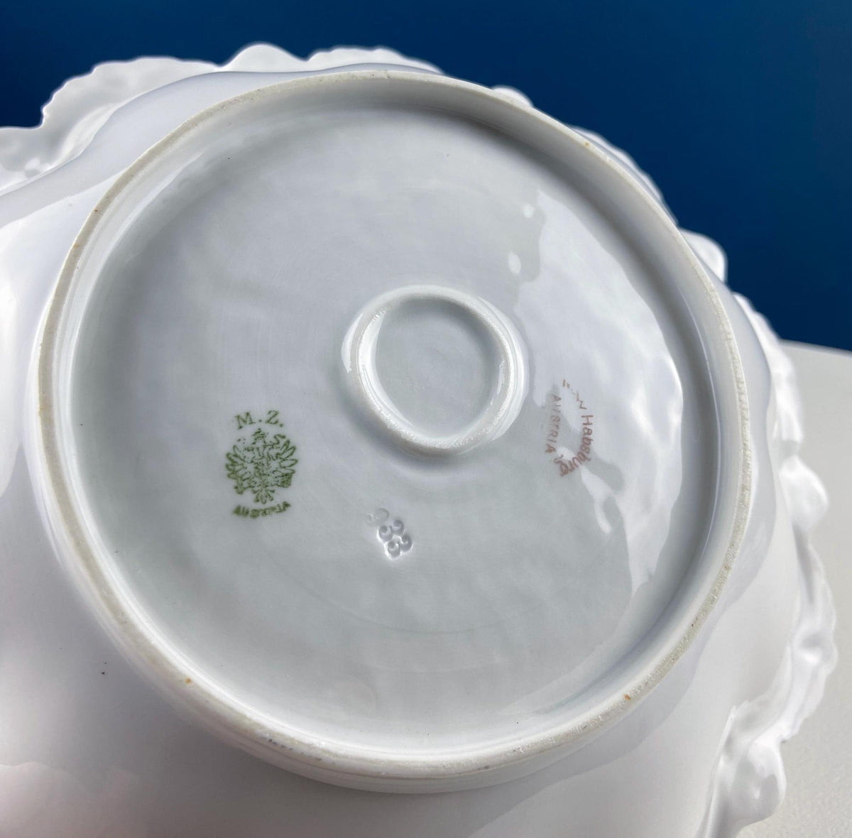 Antique Porcelain Serving Bowl with Scalloped Brim. Gold Laurel Leaf Motif & Rose Garlands. Fine Austrian Porcelain. Kitchen Table Decor.