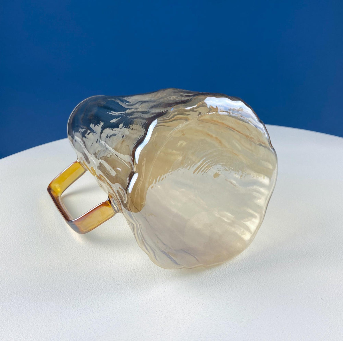 Iridescent Peach Bark Pattern Glass Pitcher Vase. Hand Blown 10