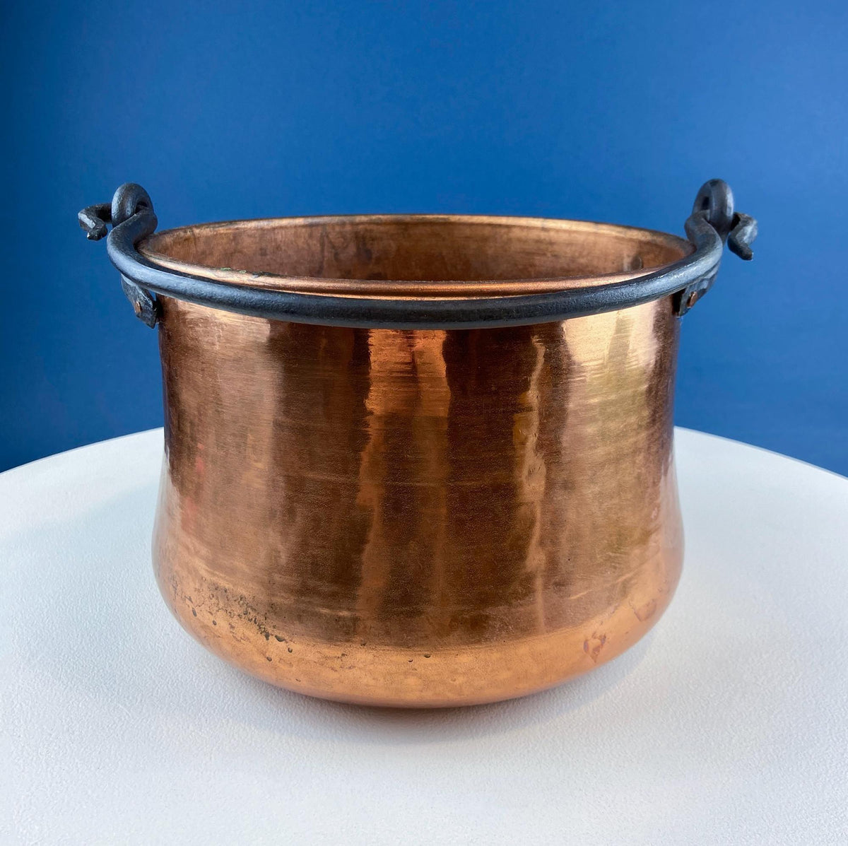 Antique Hand-Hammered Brass Bucket with Wrought Iron Handle: Rustic Farmhouse Decor