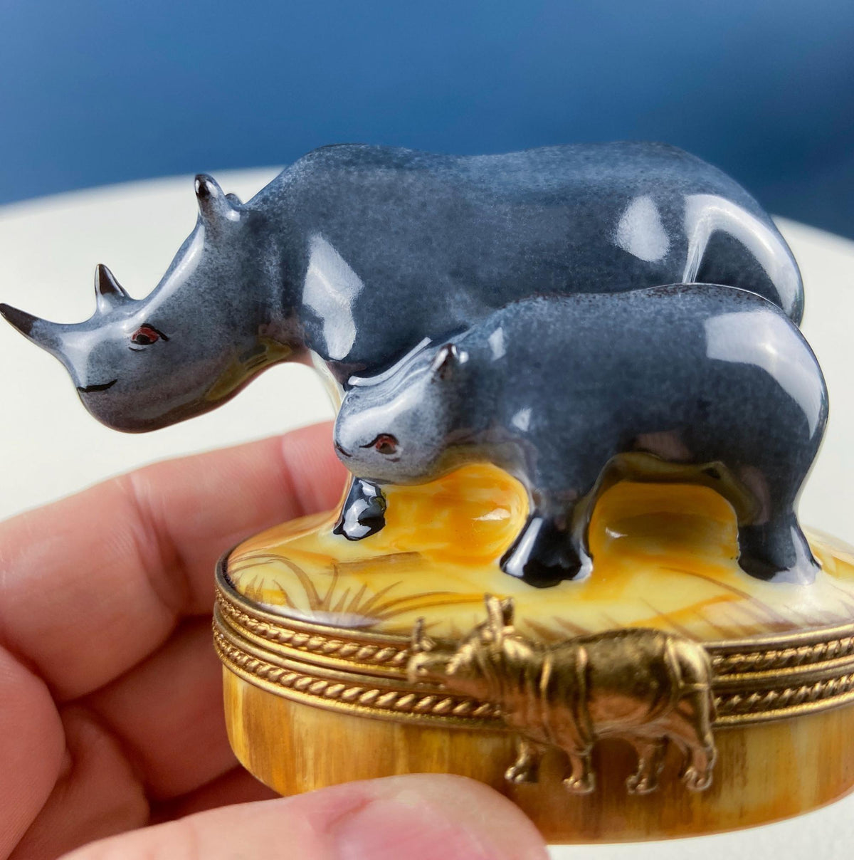 Lion and Baby Vintage Geo Z. Lefton Miniature Box. Collectible Porcelain & Brass Trinket Ring Pill Box. African Safari Design. Animal Lover.