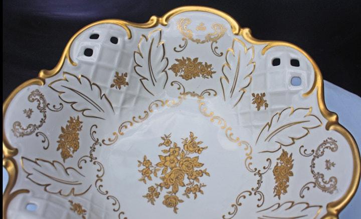 Antique Rosenthal Bowl: White & Gold Porcelain, Scalloped Rim