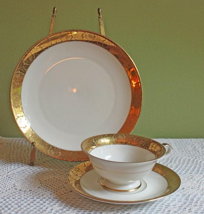 Antique Eschenbach Bavarian Porcelain Tea Trio: Gold Floral Cup, Saucer, Plate
