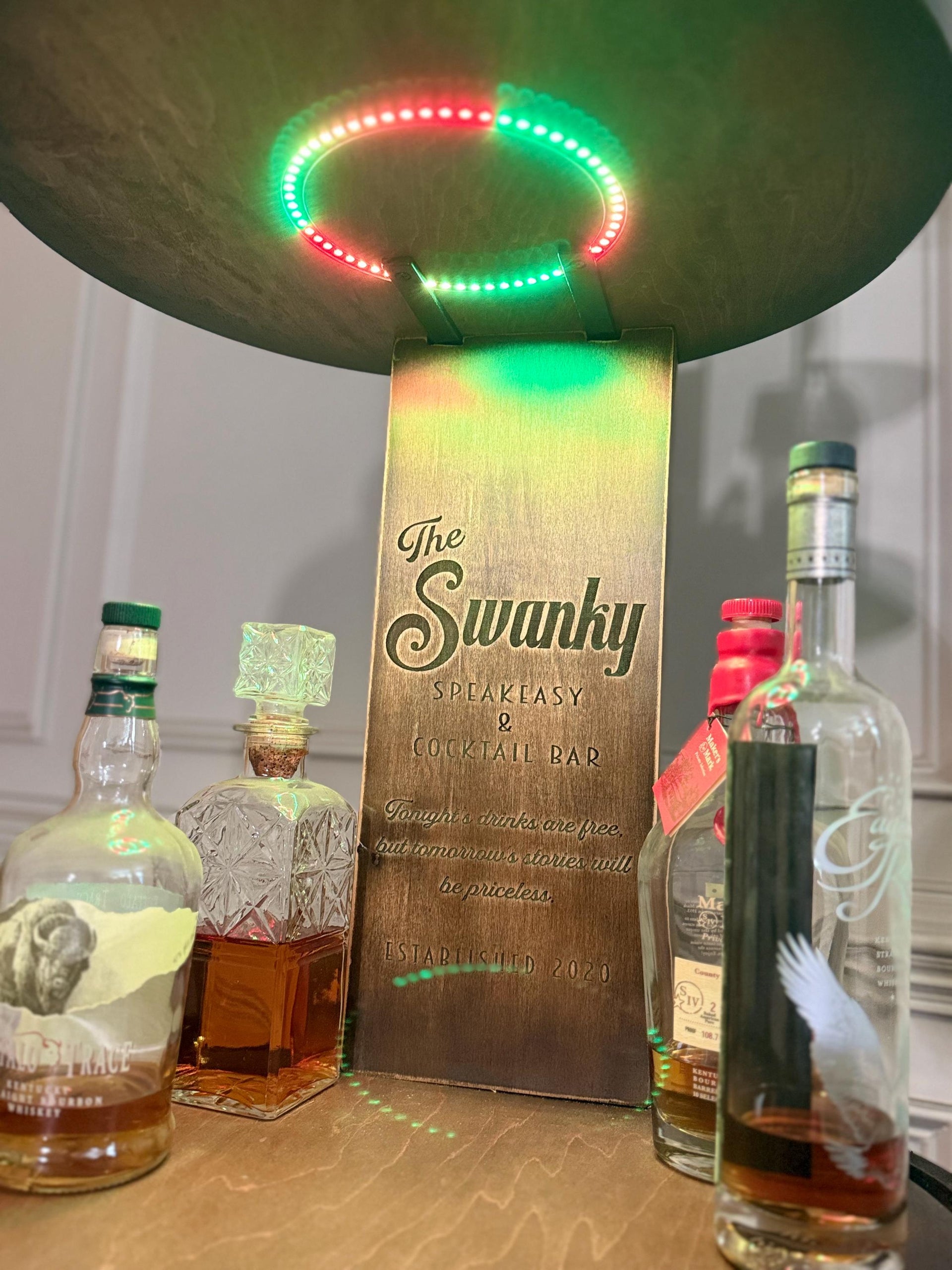 Motorized Pop Up Bourbon Barrel Cabinet.  Remote control & LED lighting.  Works with Alexa and Google Home. Custom engraving available.