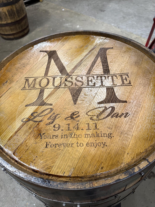 Motorized Pop Up Bourbon Barrel Cabinet.  Remote control & LED lighting.  Works with Alexa and Google Home. Custom engraving available.