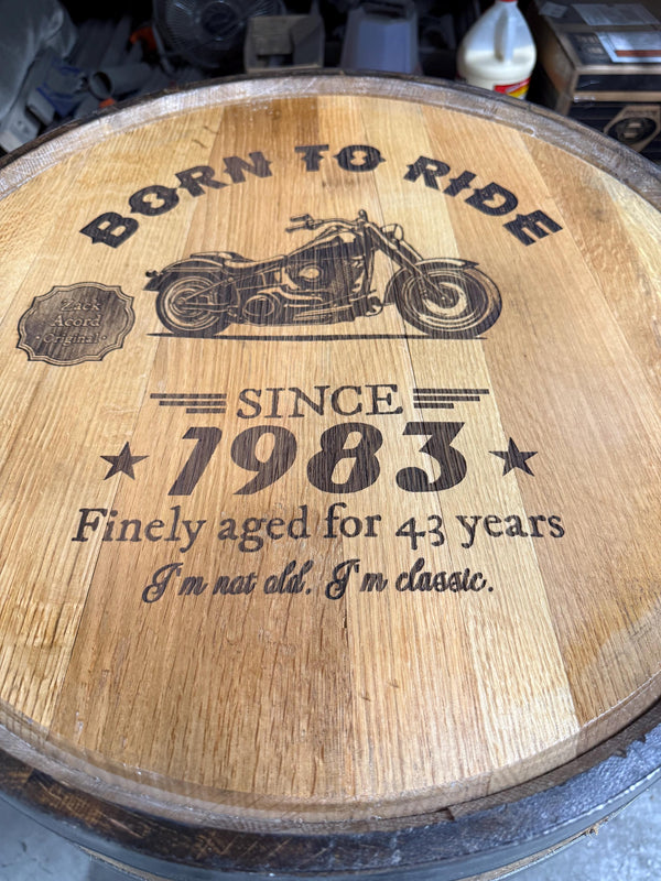Motorized Pop Up Bourbon Barrel Cabinet.  Remote control & LED lighting.  Works with Alexa and Google Home. Custom engraving available.