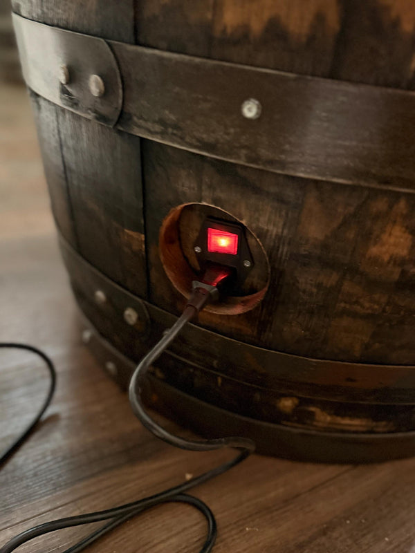 Motorized Pop Up Bourbon Barrel Cabinet.  Remote control & LED lighting.  Works with Alexa and Google Home. Custom engraving available.