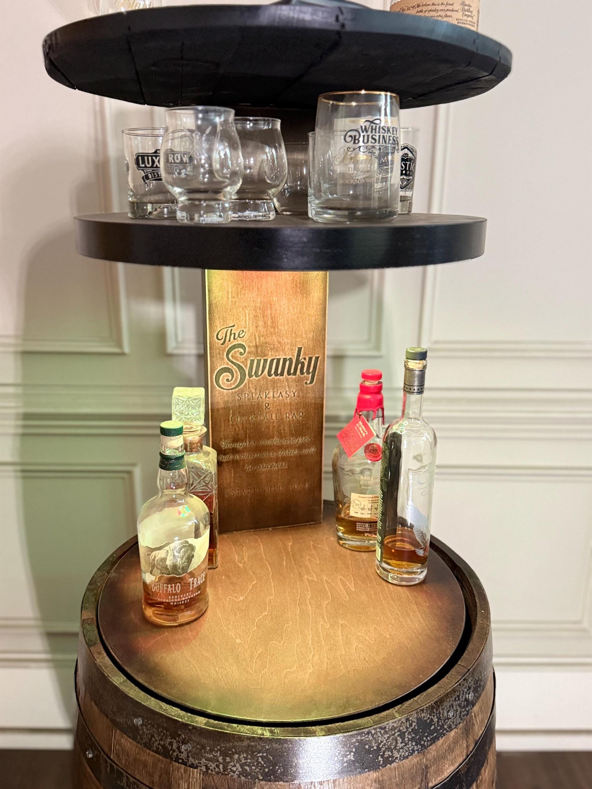 Motorized Pop Up Bourbon Barrel Cabinet.  Remote control & LED lighting.  Works with Alexa and Google Home. Custom engraving available.