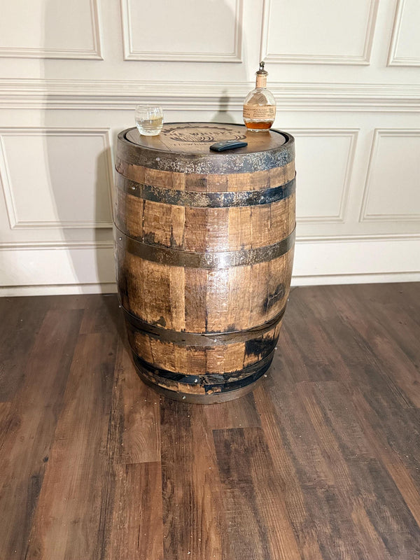 Motorized Pop Up Bourbon Barrel Cabinet.  Remote control & LED lighting.  Works with Alexa and Google Home. Custom engraving available.