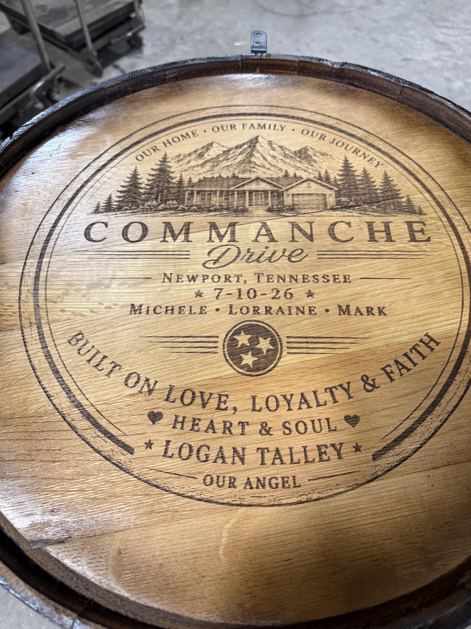 Motorized Pop Up Bourbon Barrel Cabinet.  Remote control & LED lighting.  Works with Alexa and Google Home. Custom engraving available.