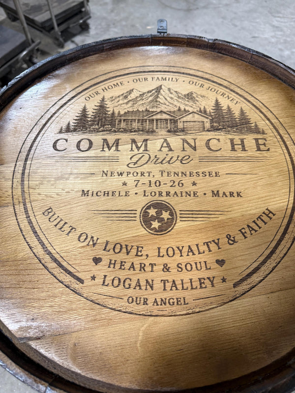 Motorized Pop Up Bourbon Barrel Cabinet.  Remote control & LED lighting.  Works with Alexa and Google Home. Custom engraving available.
