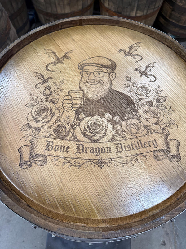 Motorized Pop Up Bourbon Barrel Cabinet.  Remote control & LED lighting.  Works with Alexa and Google Home. Custom engraving available.