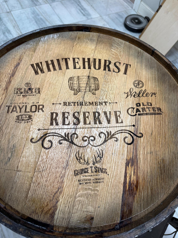 Motorized Pop Up Bourbon Barrel Cabinet.  Remote control & LED lighting.  Works with Alexa and Google Home. Custom engraving available.