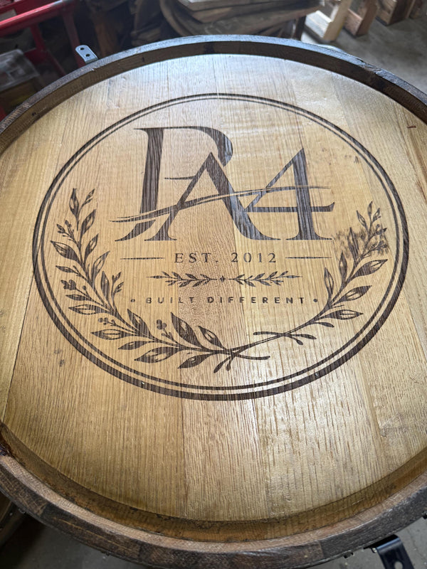 Motorized Pop Up Bourbon Barrel Cabinet.  Remote control & LED lighting.  Works with Alexa and Google Home. Custom engraving available.