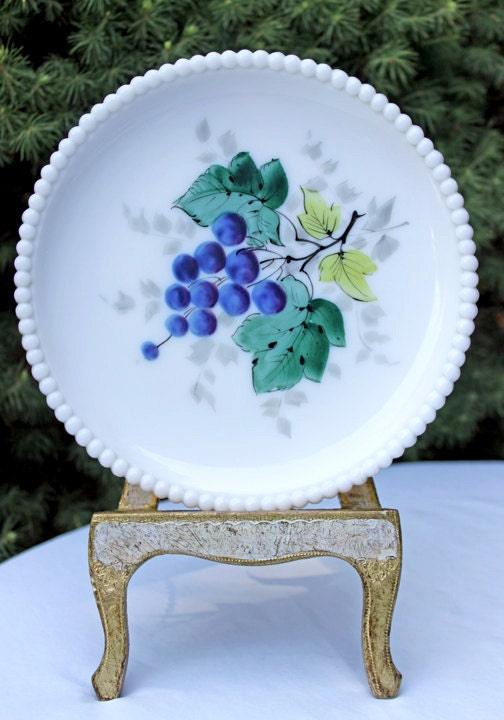 Decorative Milk Glass Plate with Hand Painted Grapes. Hobnail Rim Display Plate.