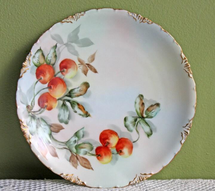 Vintage Bavarian Porcelain Plate, Hand-Painted Cherries & 22K Gold Rim