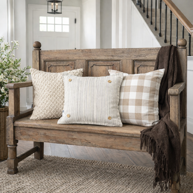 PILLOW ONLY: SQUARE Ticking Stripes Pillow;  CREAM/BLACK/TAN TICKING STRIPES PILLOW (with insert)