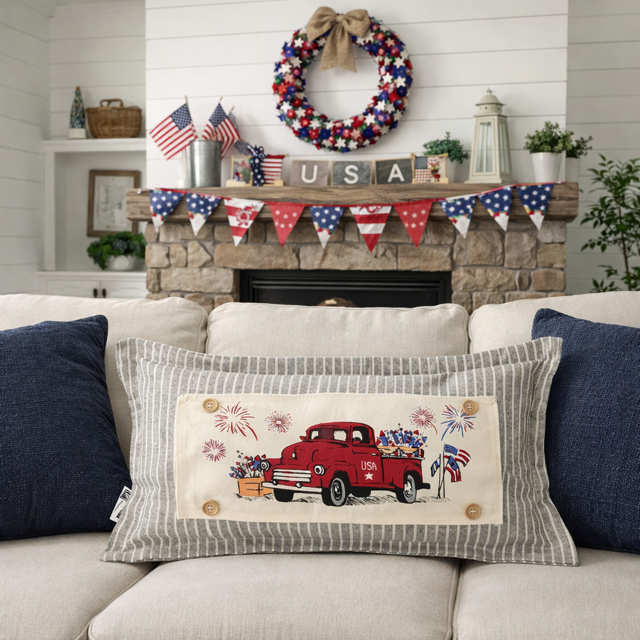 NEW! RECTANGLE SPRING/SUMMER/FALL BUNDLE:  3 seasons + CHARCOAL REC. pillow:  NEW WELCOME, FIREWORK TRUCK, TRACTOR FIELD