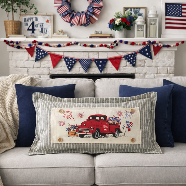 NEW! RECTANGLE SPRING/SUMMER/FALL BUNDLE:  3 seasons + CHARCOAL REC. pillow:  NEW WELCOME, FIREWORK TRUCK, TRACTOR FIELD