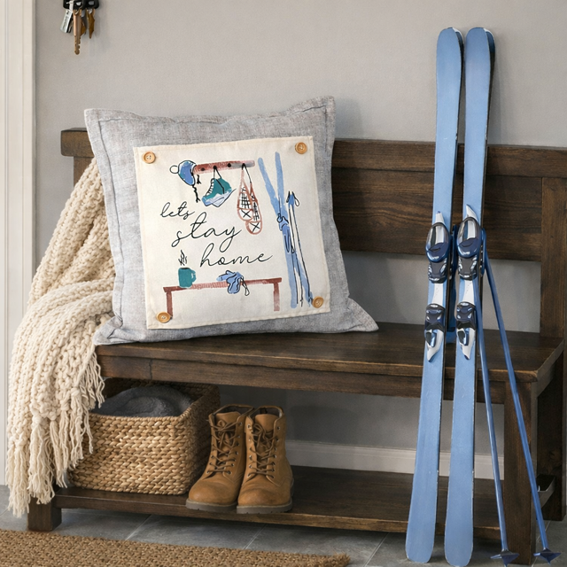 PANEL ONLY: 
SQUARE Holiday Panel: Christmas Family Winter Tradition Hot Cocoa Snow Wonderland Iceskates Snow Skis Beanie Hat Snow Shoes Ski Poles  Entryway SKI BENCH