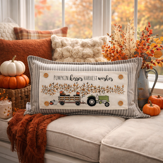 PANEL ONLY: RECTANGLE Autumn Fall Leaf Leaves White Pumpkin Patch Farm Hay Wagon CORN FIELD TRACTOR