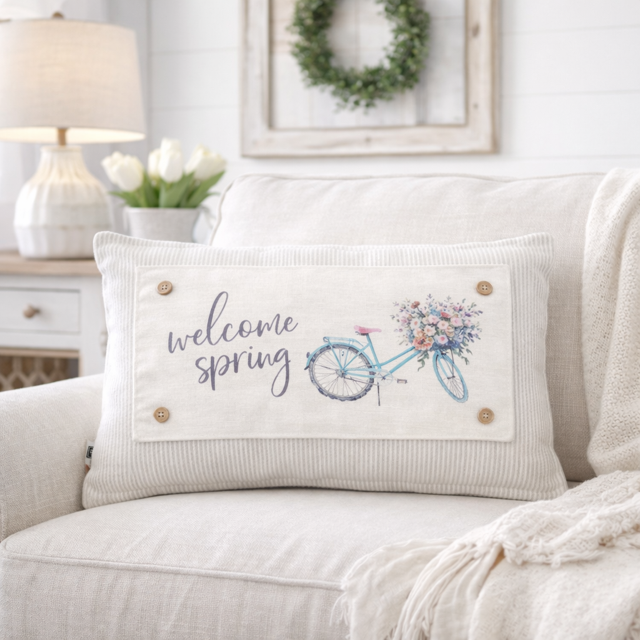 PANEL ONLY: RECTANGLE for throw pillow Flowers Tulips Vintage Old Floral SPRING BIKE
