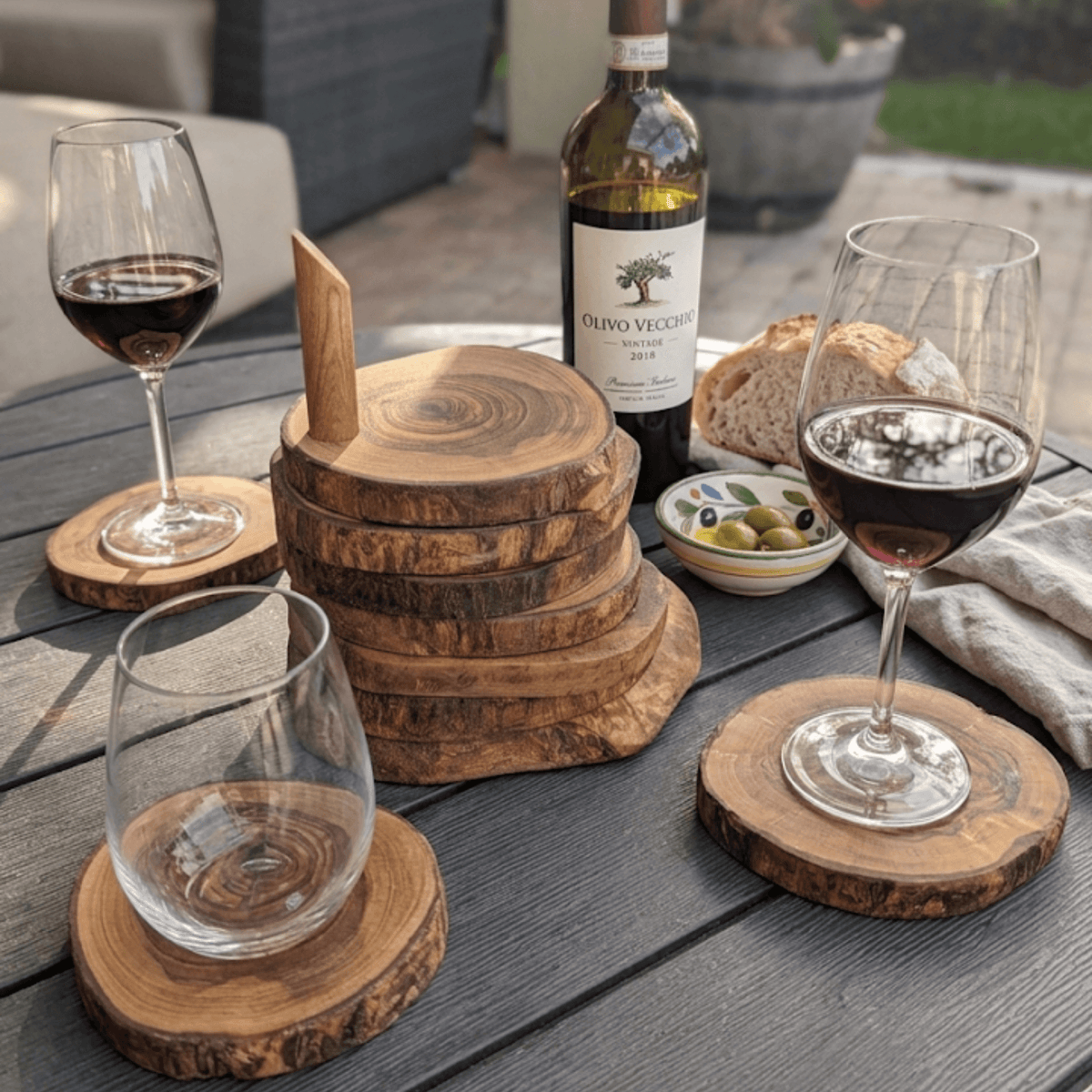 Olive Wood Coaster Set with Holder -7 Pcs