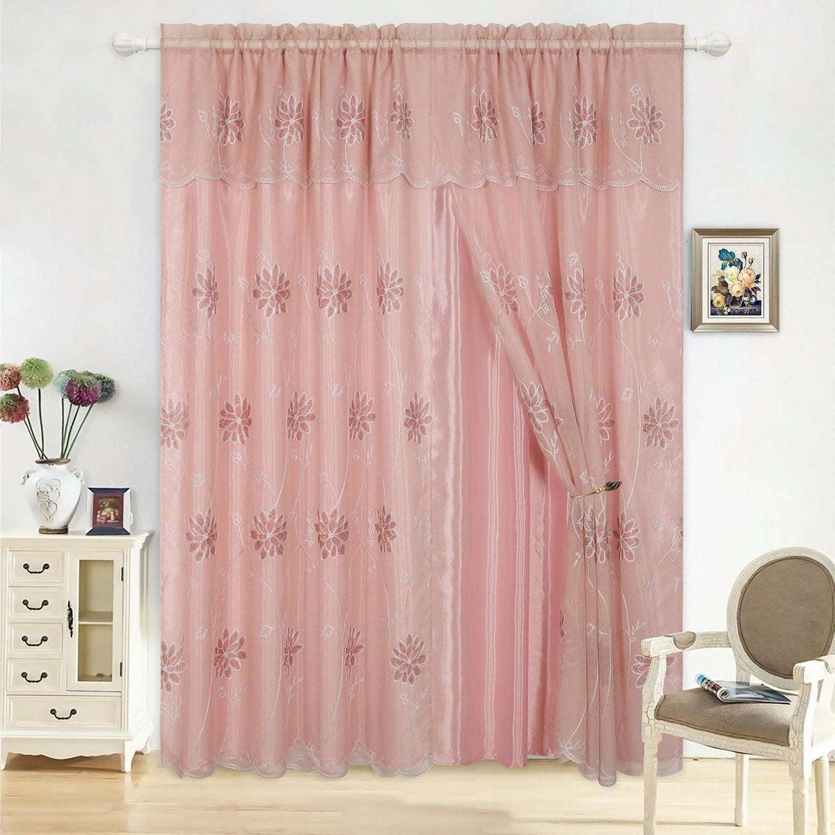 Alice Floral Embroidered Panel With Valance and Backing, 55x84 Inches
