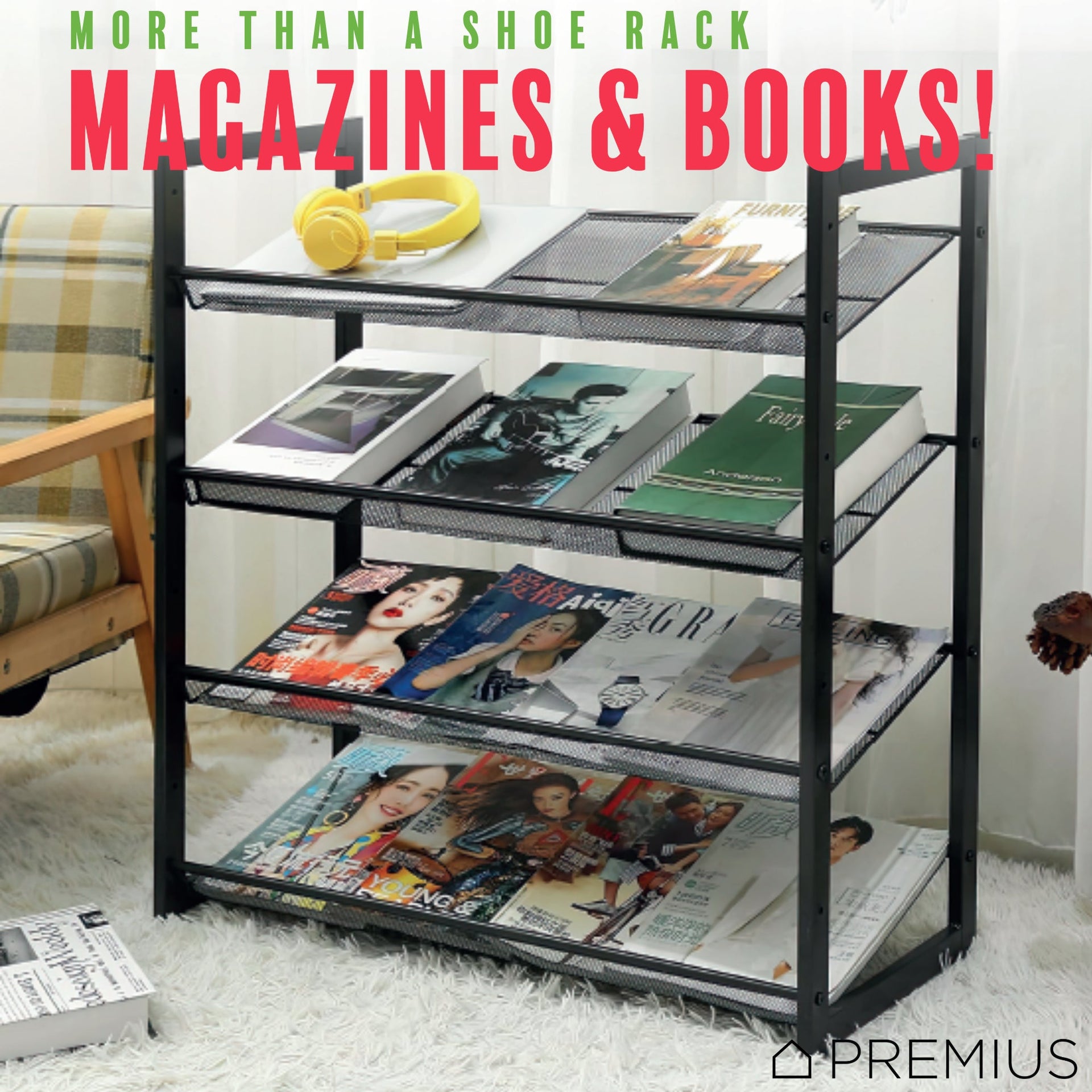 PREMIUS 4 Layer Mesh Shelf Shoe Rack, Black, 29.9x29.1x12 Inches